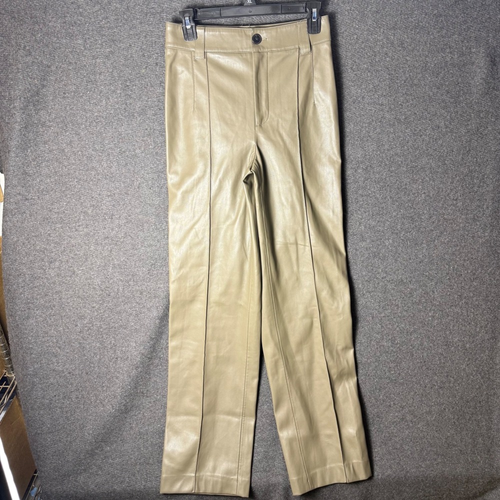 Zara Faux Leather Wide Leg Pants Olive Taupe High Rise Pintuck Preppy